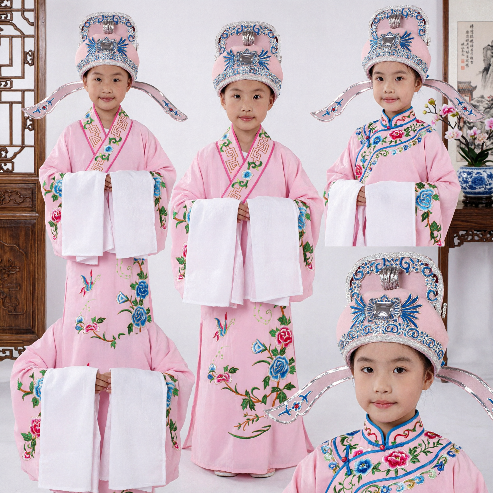 Kids Chinese Opera Scholar Costume Pink Embroidered Robe with Hat Traditional Performance Outfit for Boys