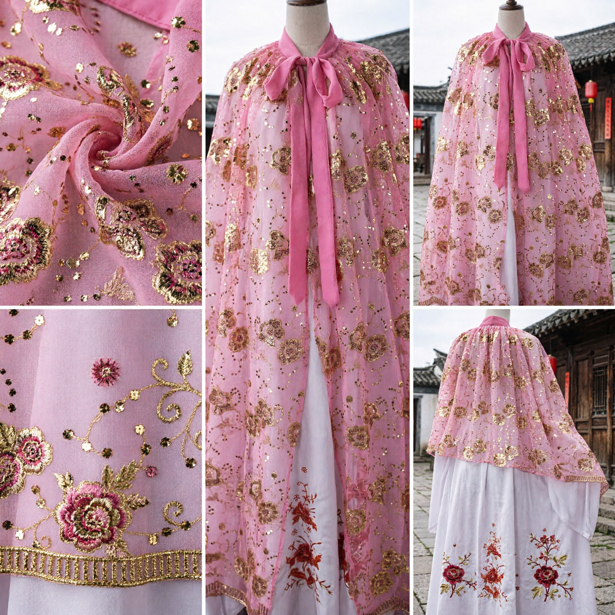 Women's Pink Ancient Chinese Hanfu Cape Cloak with Gold Sequin Floral Embroidery for Traditional Costume