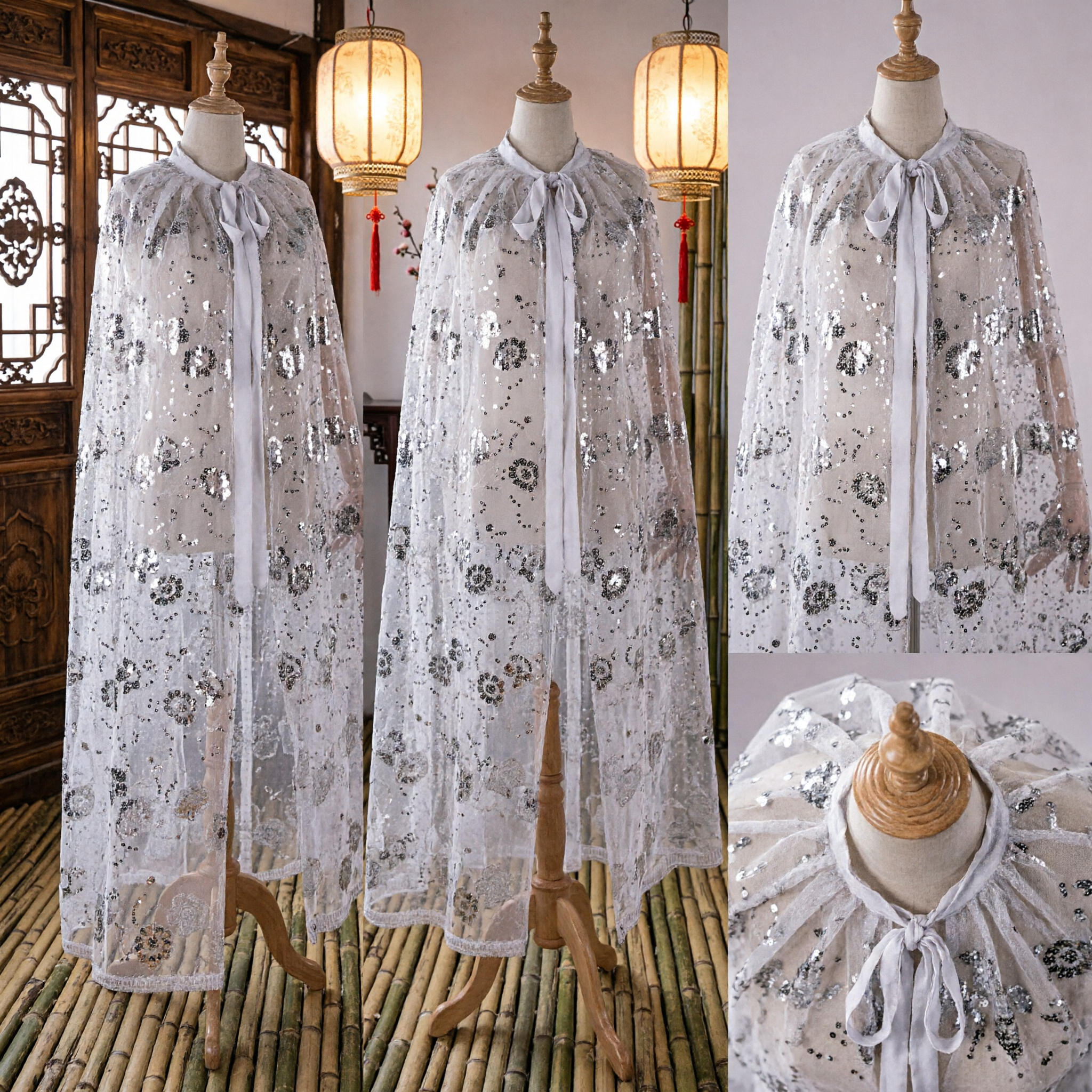 White Floral Sequin Cape Cloak Traditional Chinese Hanfu Wedding Bridal Shawl for Women Costume Accessory