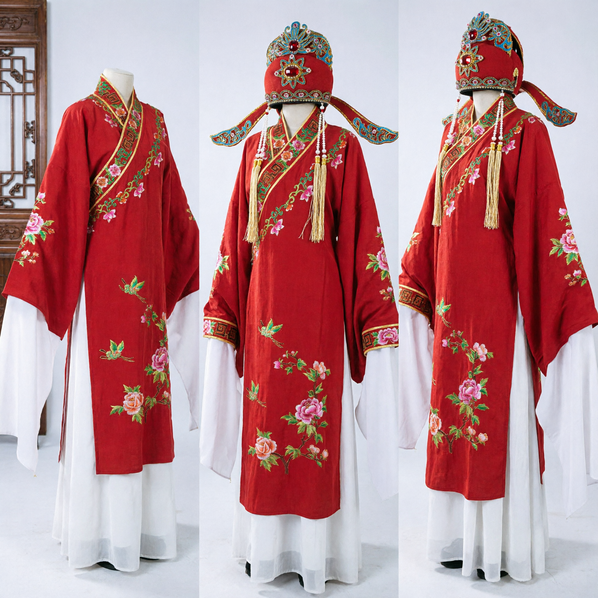 Men's Traditional Chinese Wedding Groom Costume Red Robe with Floral Embroidery and Opera Hat