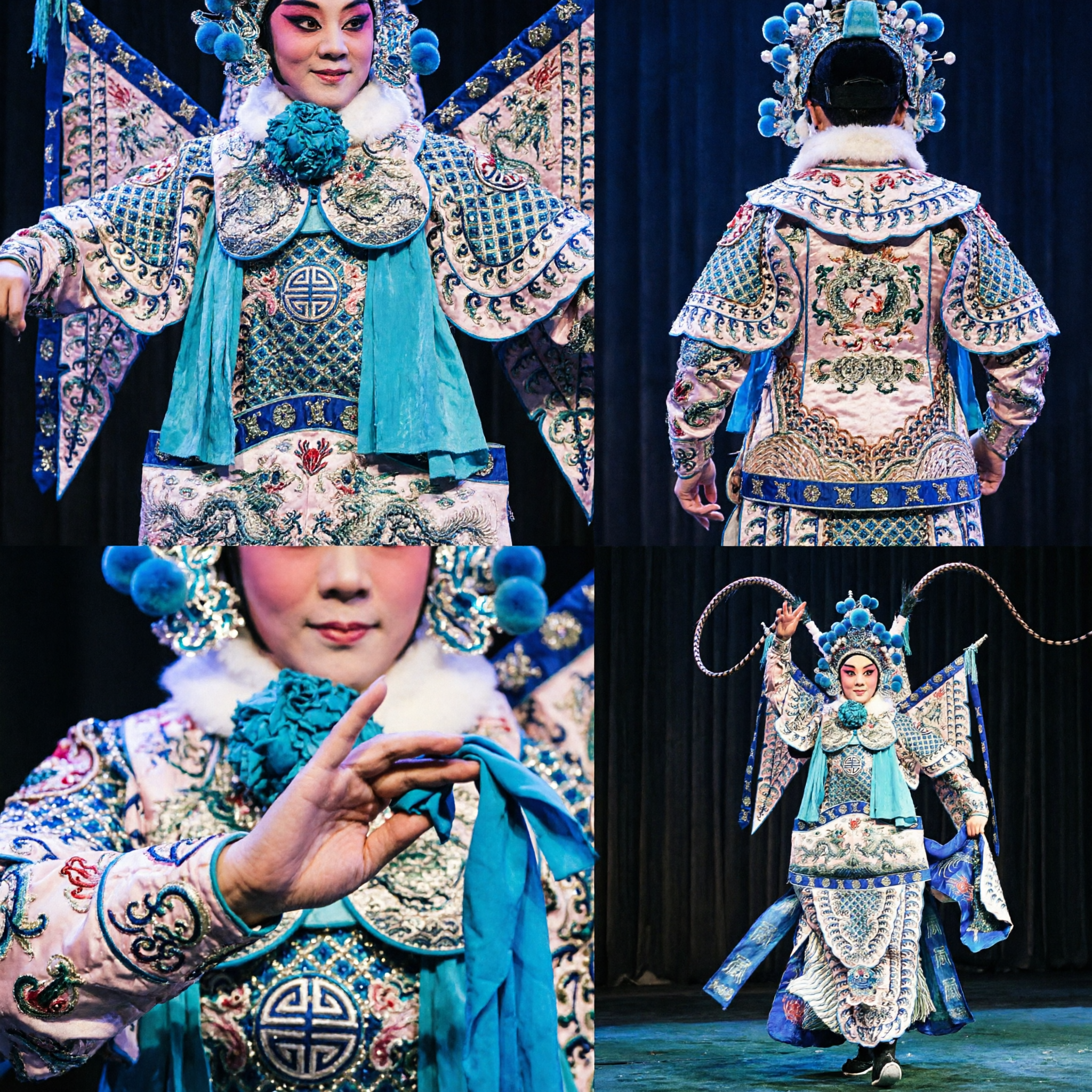 Traditional Chinese Peking Opera Warrior General Costume Set with Embroidered Armor Flags and Headdress for Stage Performance