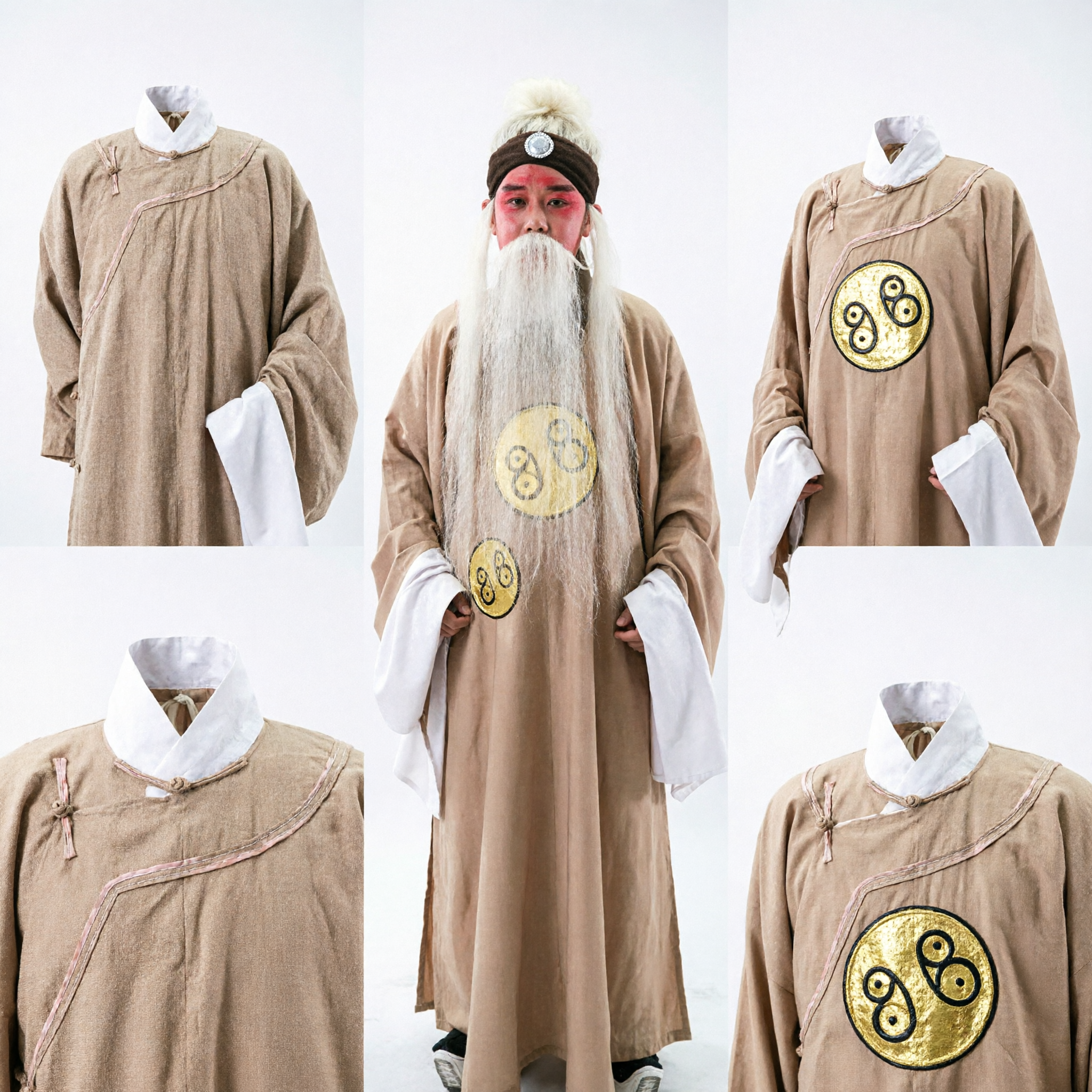 Traditional Chinese Peking Opera Costume Ancient Taoist Priest Robe with White Beard and Headpiece for Men