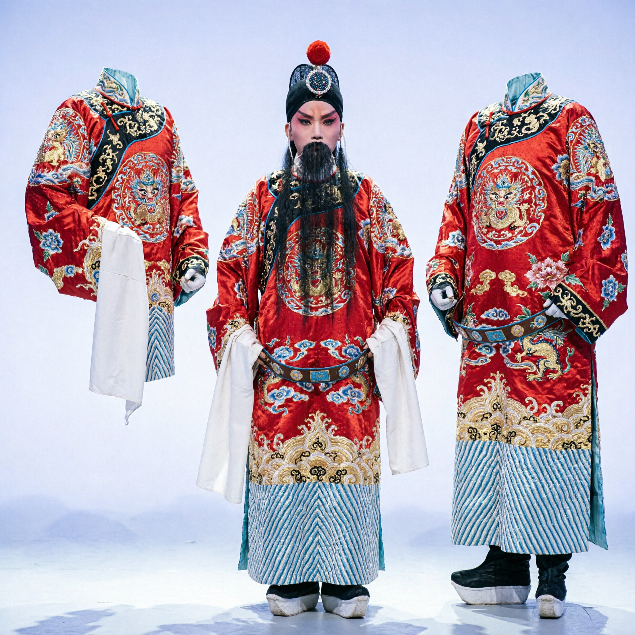 Traditional Chinese Peking Opera Red Dragon Robe Costume Complete Set for Men General Stage Performance