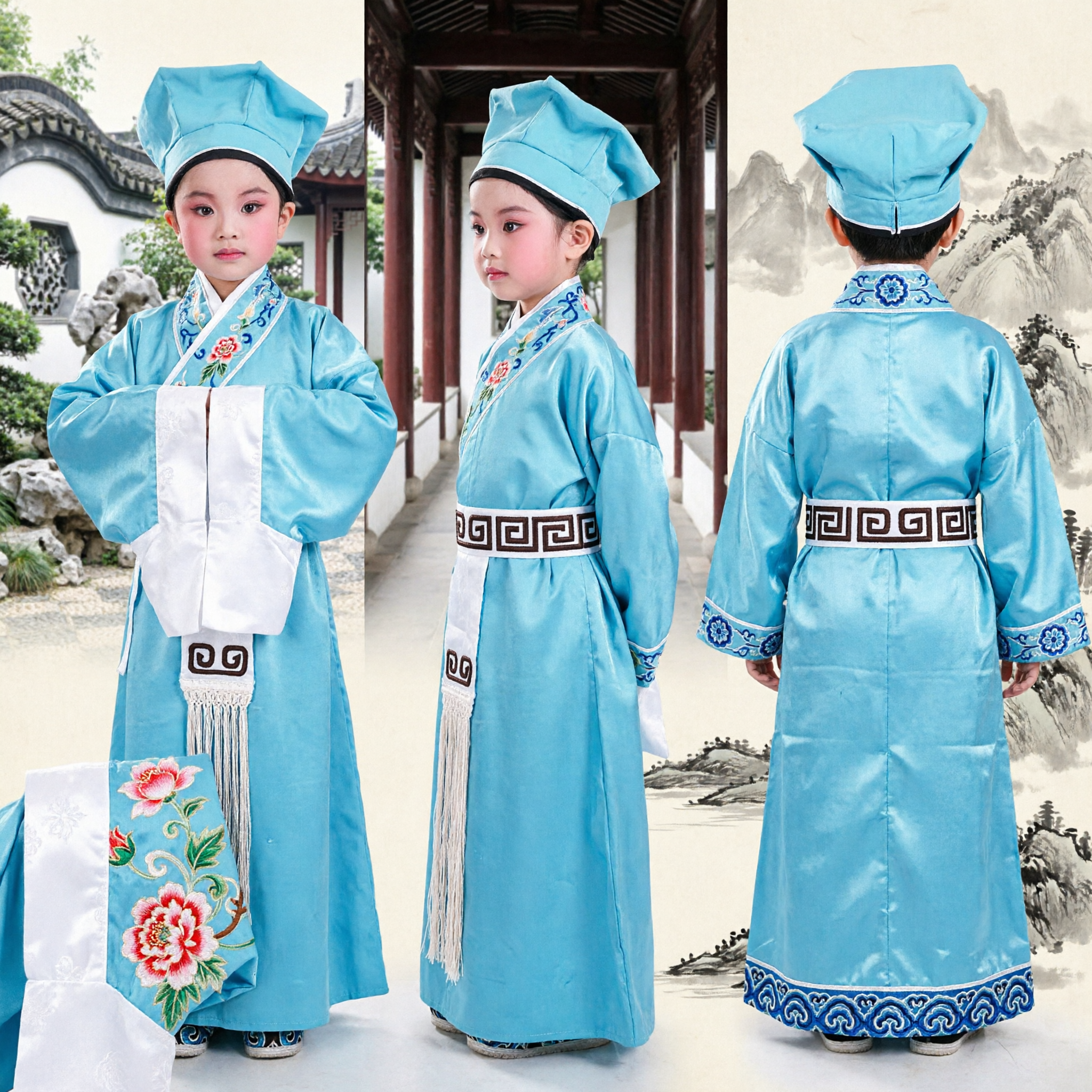 Traditional Chinese Opera Costume Kids Blue Scholar Robe Liang Shanbo Stage Performance Outfit