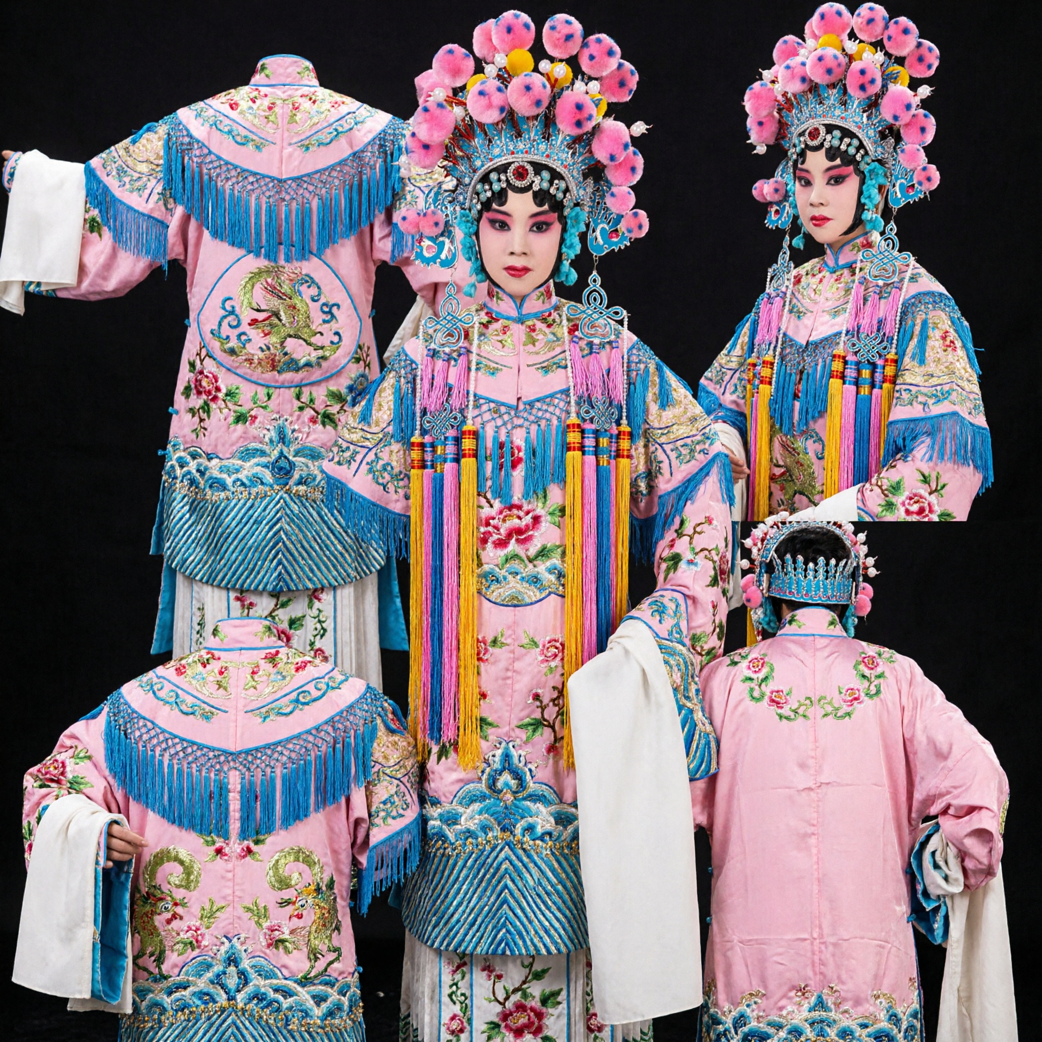 Traditional Chinese Peking Opera Costume Complete Set for Women with Blue Embroidered Robe and Elaborate Pink Headdress