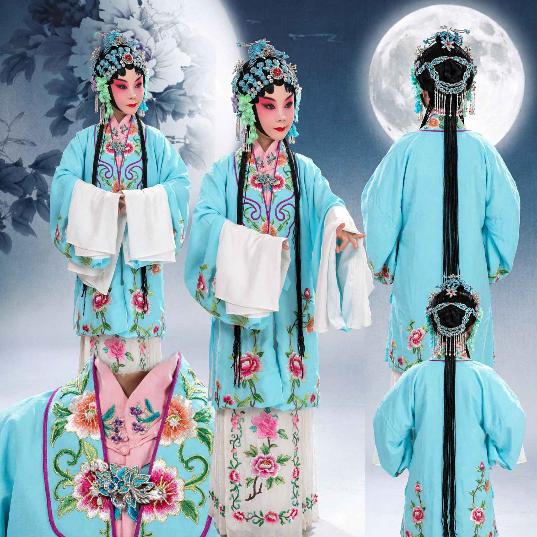 Women's Traditional Chinese Peking Opera Costume Blue Floral Embroidered Robe with Water Sleeves and Headdress for Stage Performance