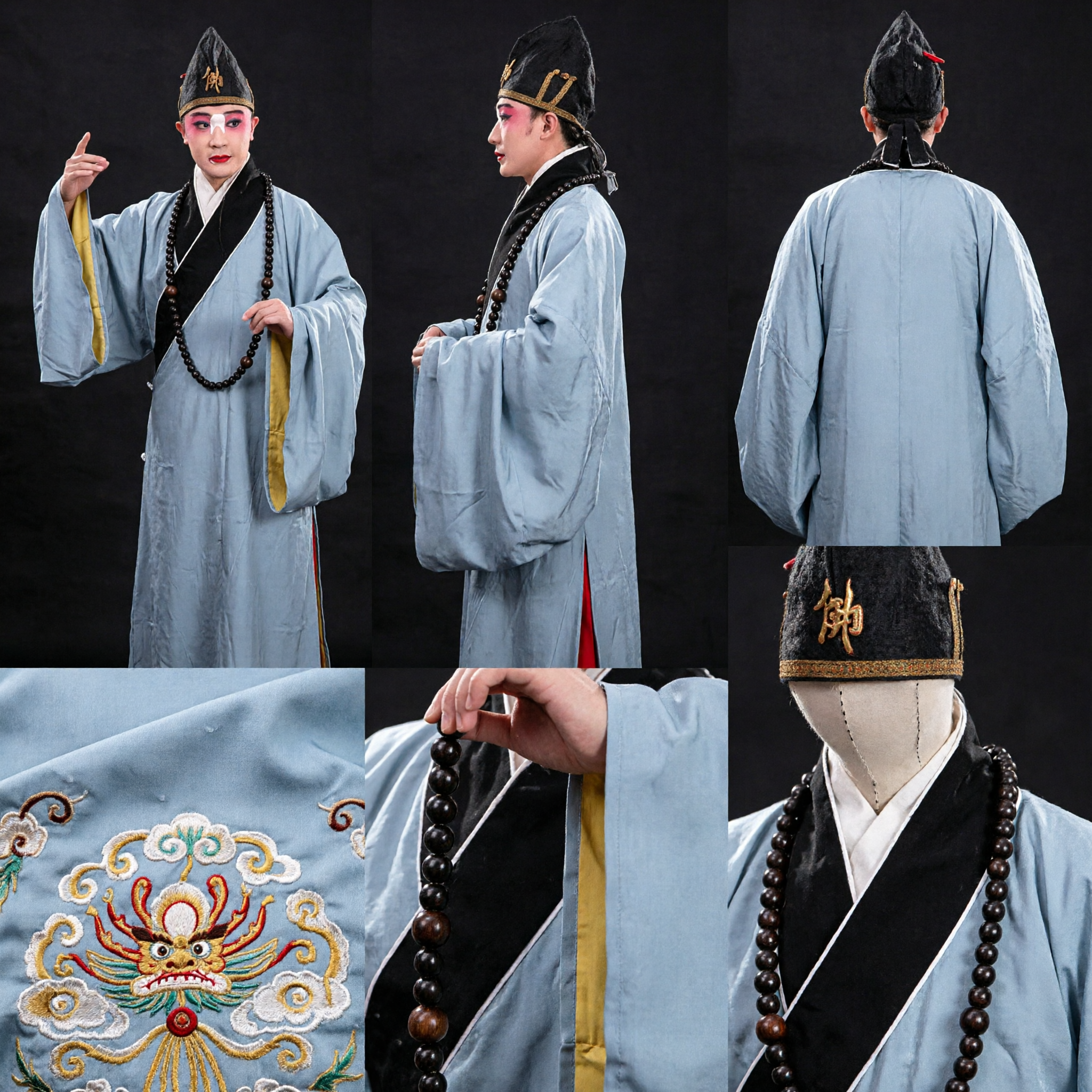 Traditional Chinese Opera Monk Costume Complete Set Blue Robe Black Hat Beads Stage Performance Outfit
