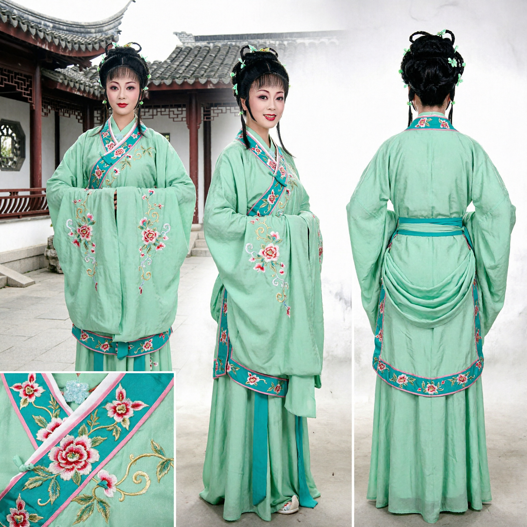 Traditional Chinese Green Opera Costume with Long Water Sleeves for Women Stage Performance Yue Opera Dress