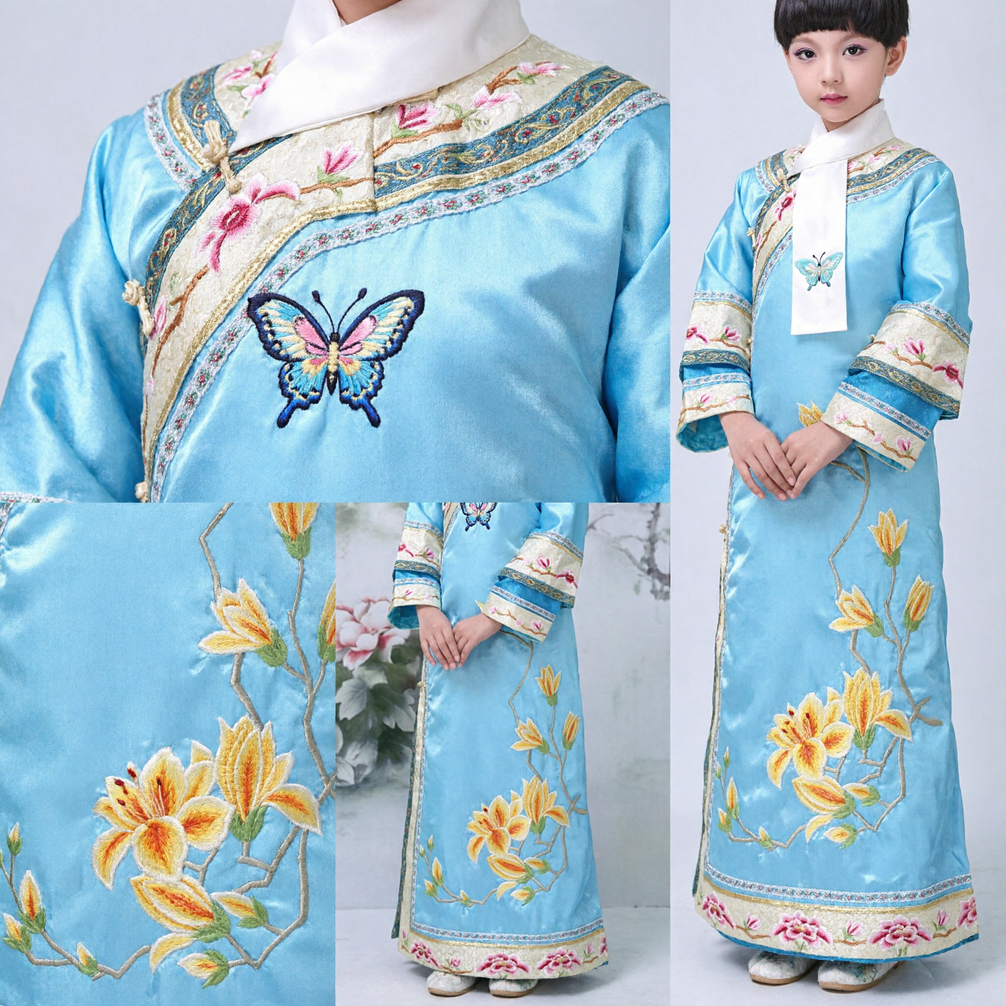 Blue Qing Dynasty Princess Costume for Girls Traditional Chinese Manchu Embroidery Robe Kids Halloween Cosplay