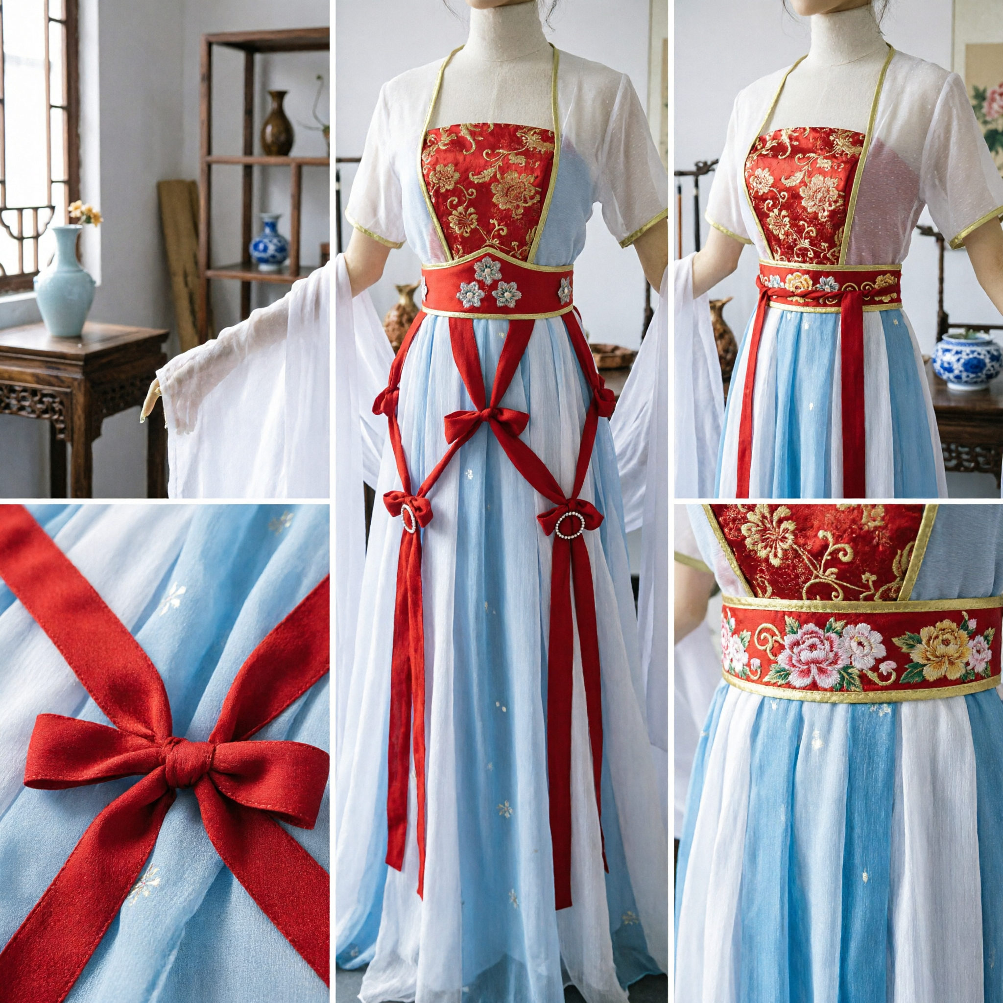 Ancient Chinese Hanfu Costume Traditional Red and Blue Fairy Dress for Women Historical Clothing