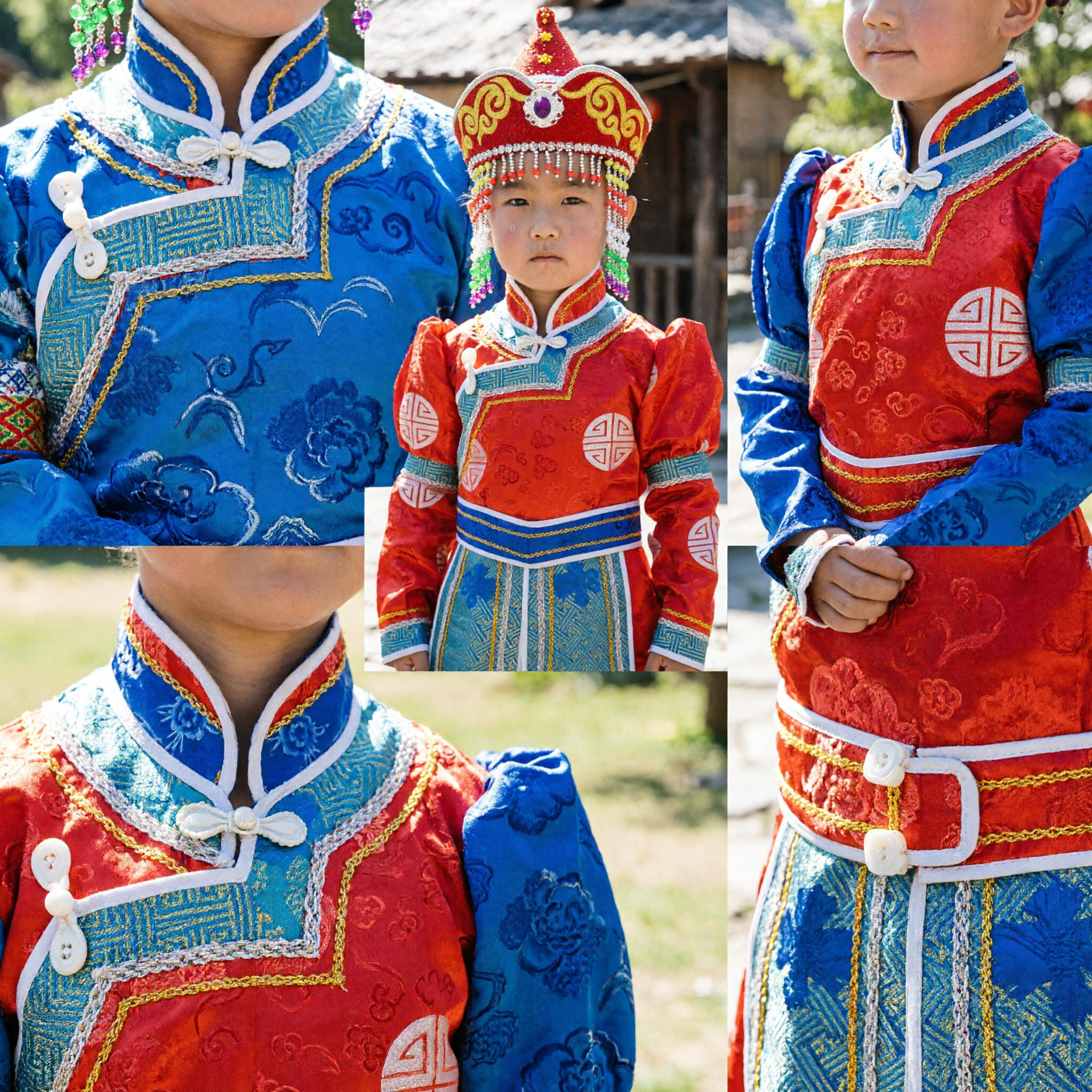Kids Traditional Mongolian Red Robe Costume Set with Hat and Boots for Dance Performance