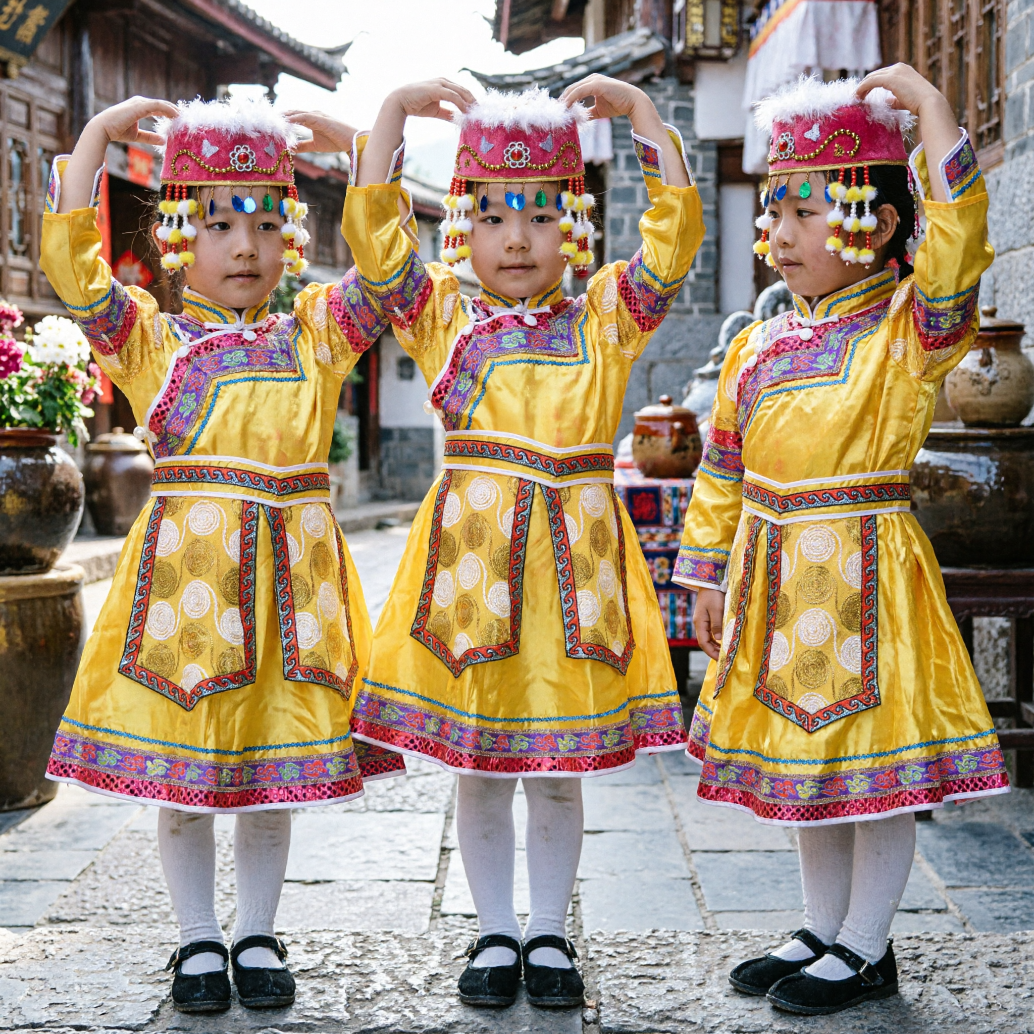 Kids Traditional Mongolian Ethnic Dance Costume Yellow Dress with Hat for Girls Stage Performance