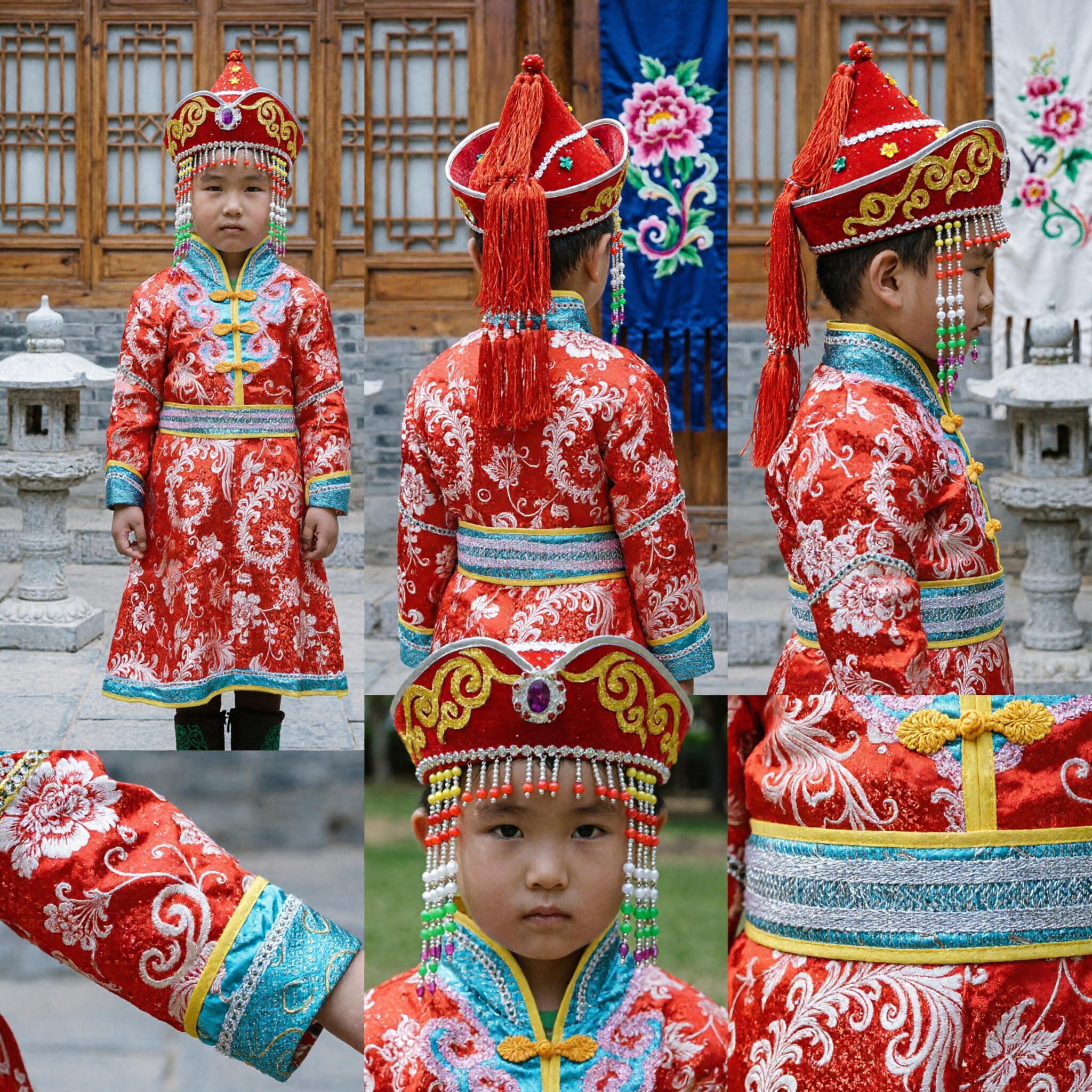 Kids Traditional Mongolian Ethnic Costume Red Embroidered Robe and Hat for Stage Dance Performance