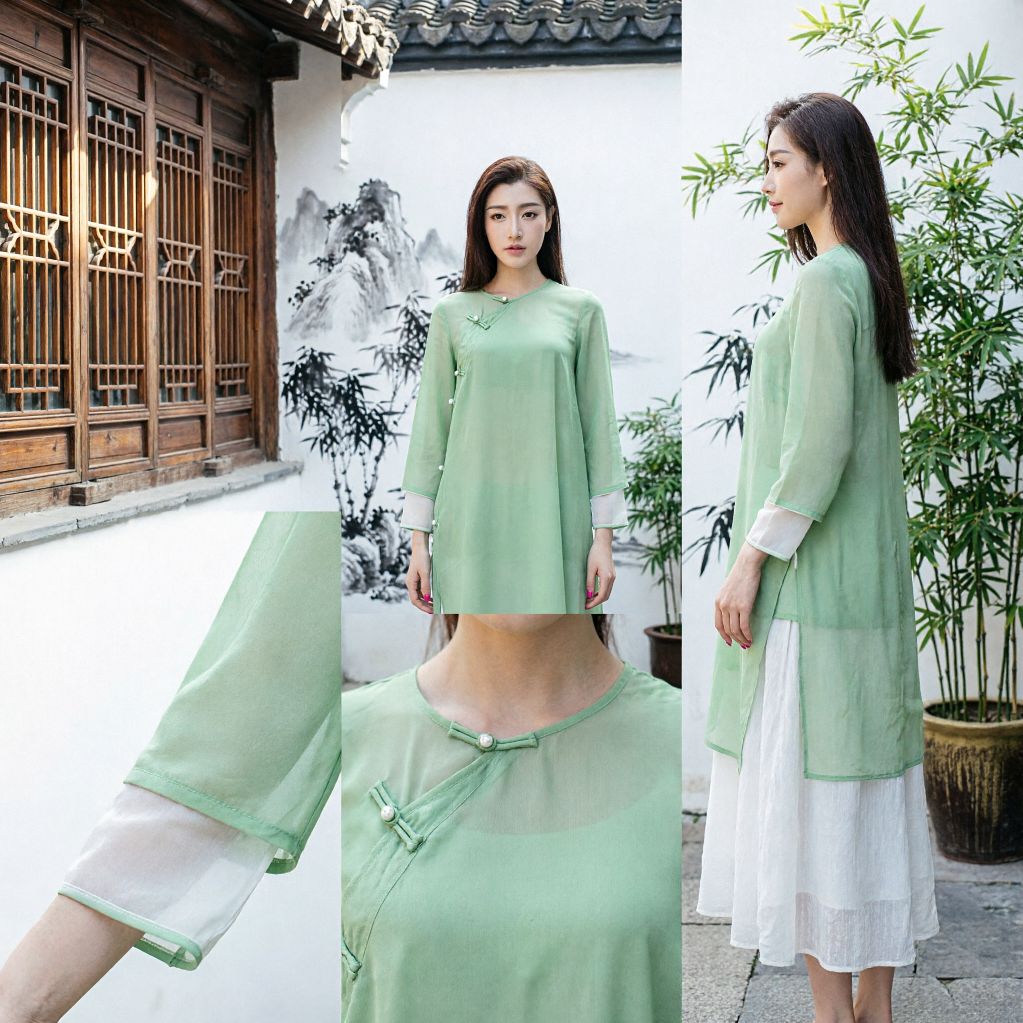 Light Green Modern Chinese Zen Dress Women Long Sleeve Loose Fit Traditional Tang Suit Style for Daily Wear