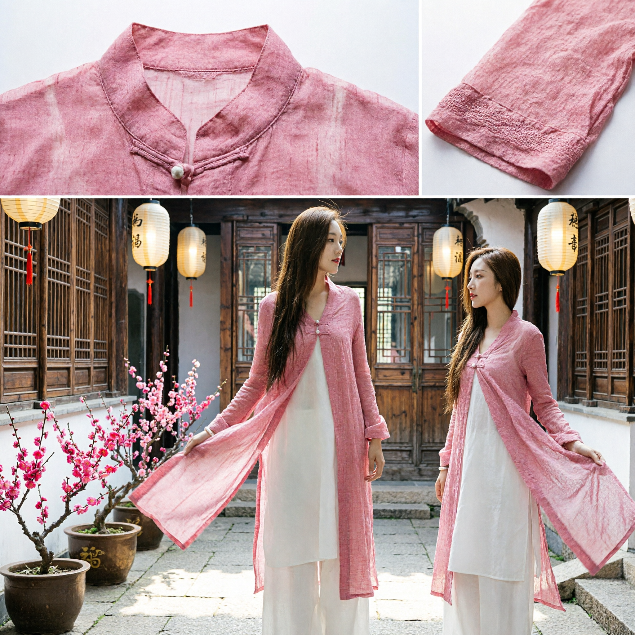 Women's Pink Linen Traditional Chinese Tang Suit Cardigan Coat Zen Style Tea Ceremony Outerwear