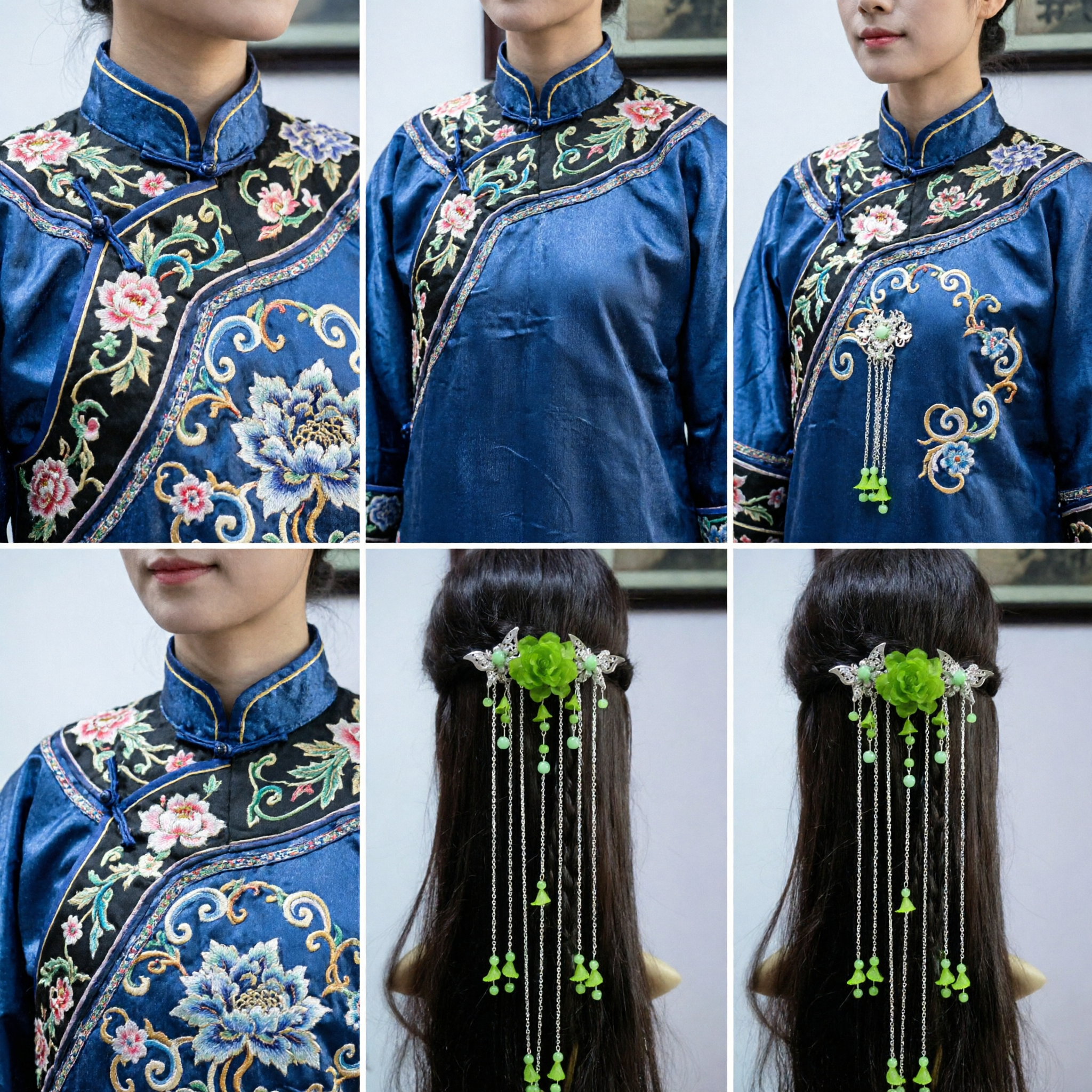 Traditional Chinese Hanfu Hairpin Green Flower Hair Clasp with Long Tassel Chains Ancient Costume Hair Jewelry for Women