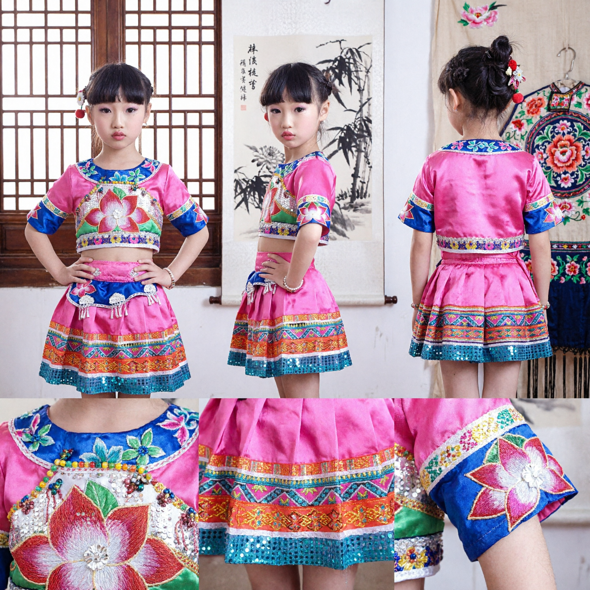 Pink Miao Ethnic Minority Dance Costume for Girls Traditional Chinese Folk Performance Clothing Set