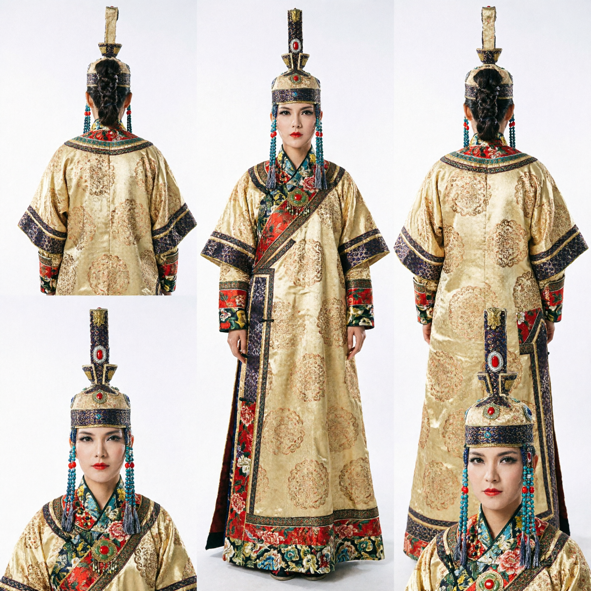 Traditional Mongolian Ethnic Minority Costume Gold Brocade Robe and Headdress Set for Women Wedding Dance