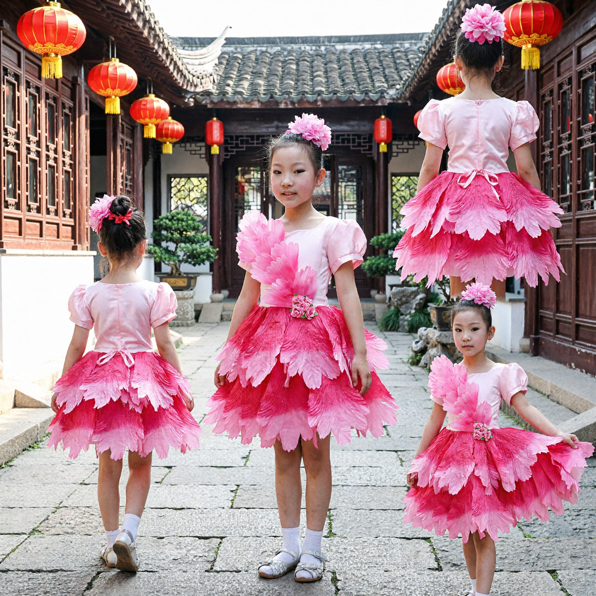 Girls Pink Flower Dance Costume Traditional Chinese Folk Dance Stage Performance Dress for Children