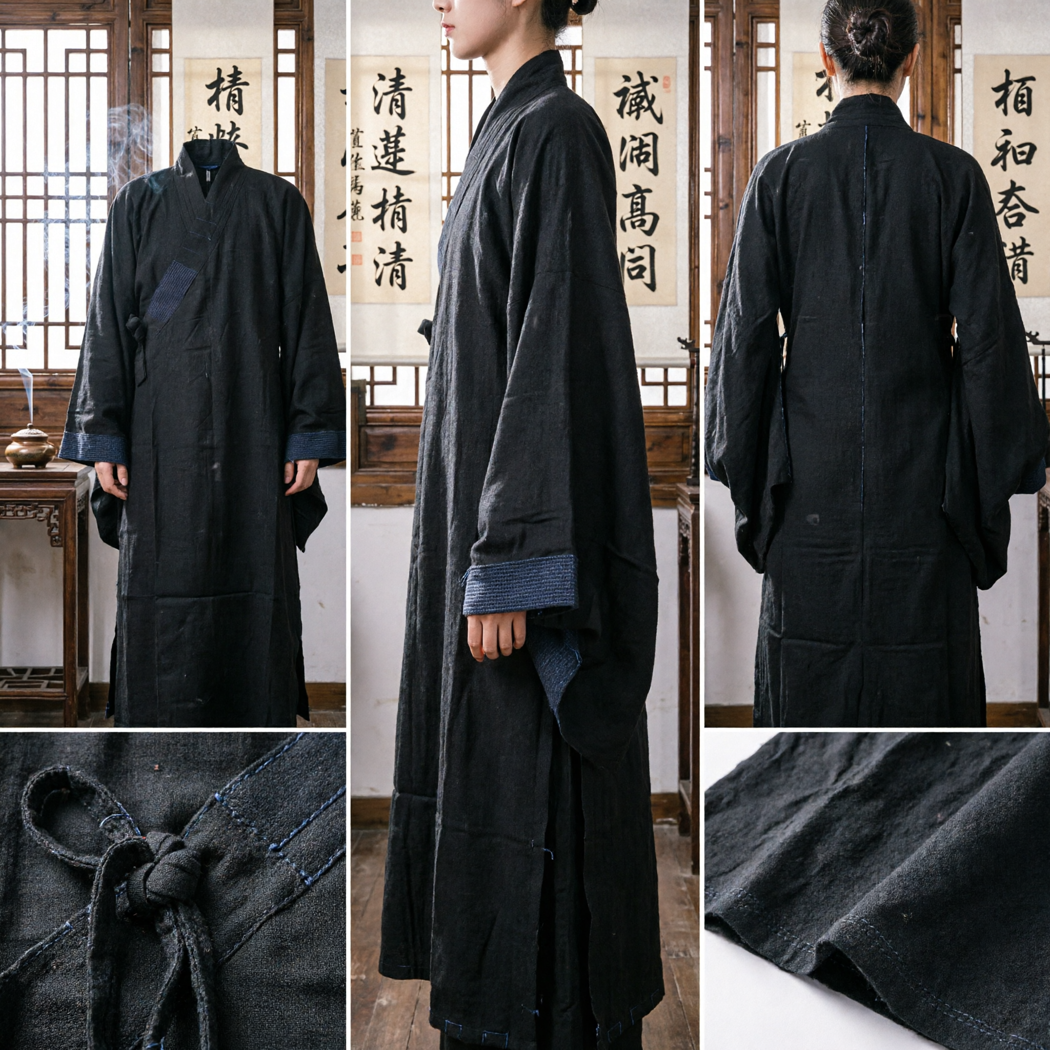 Men's Traditional Chinese Black Hanfu Robe Wide Sleeve Cross Collar Ancient Clothing for Martial Arts
