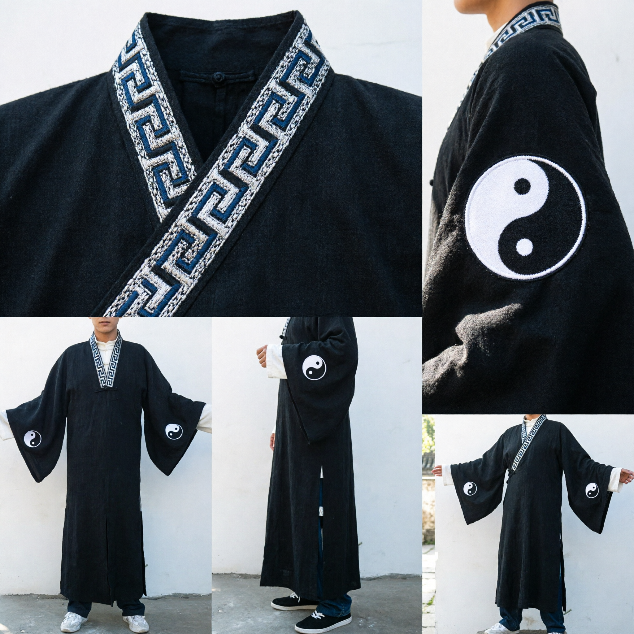 Traditional Chinese Black Taoist Robe Men's Tai Chi Kung Fu Uniform with Yin Yang Sleeve Embroidery