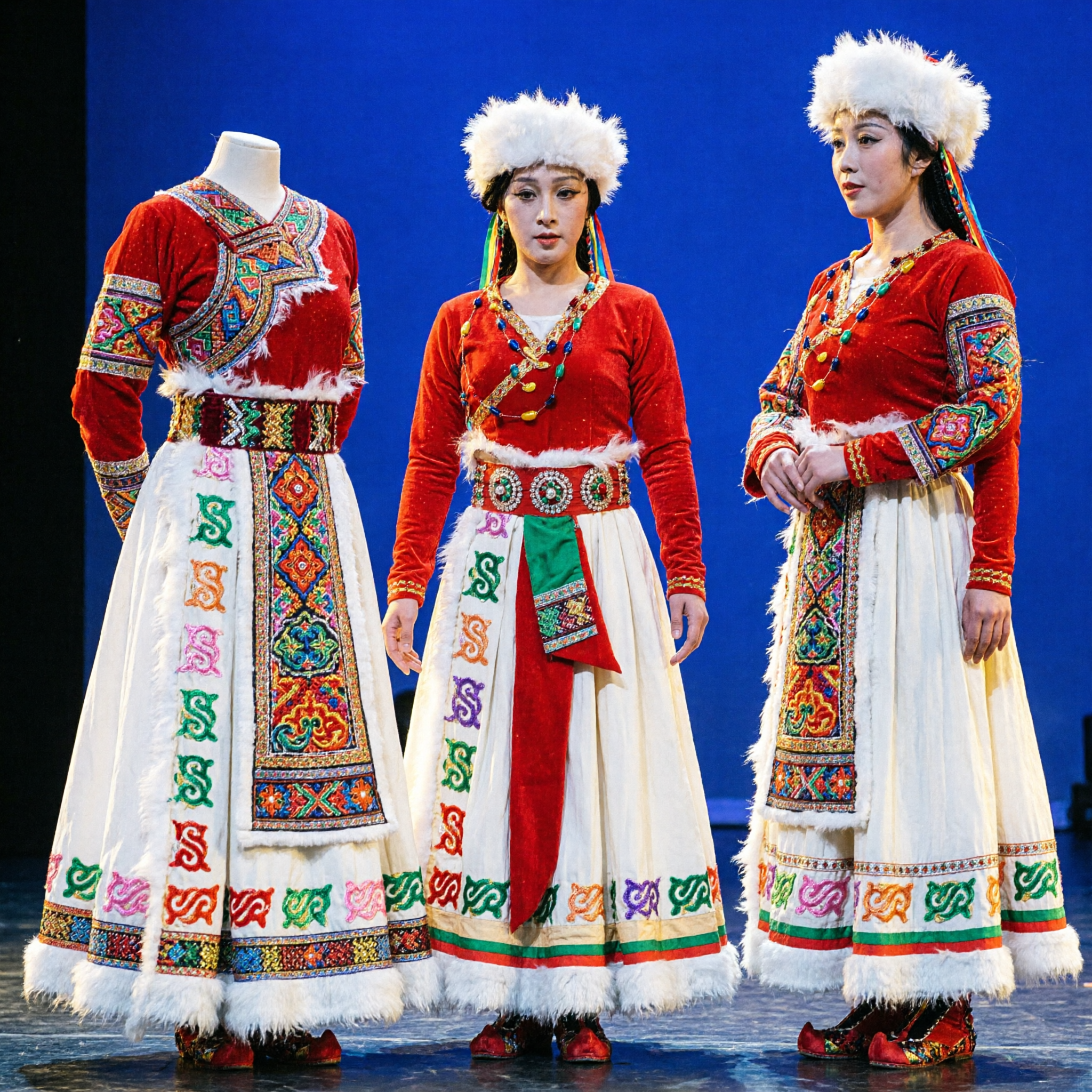 Women's Traditional Chinese Tibetan Ethnic Dance Costume Complete Set with Fur Hat for Stage Performance and Cultural Festivals