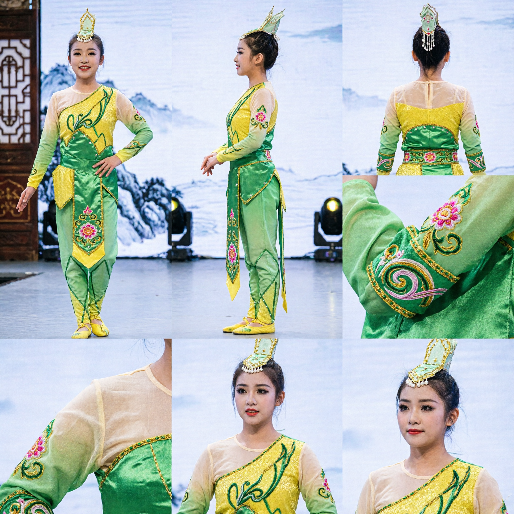Kids Girls Green Bamboo Shoot Dance Costume Traditional Chinese Folk Stage Performance Group Outfit
