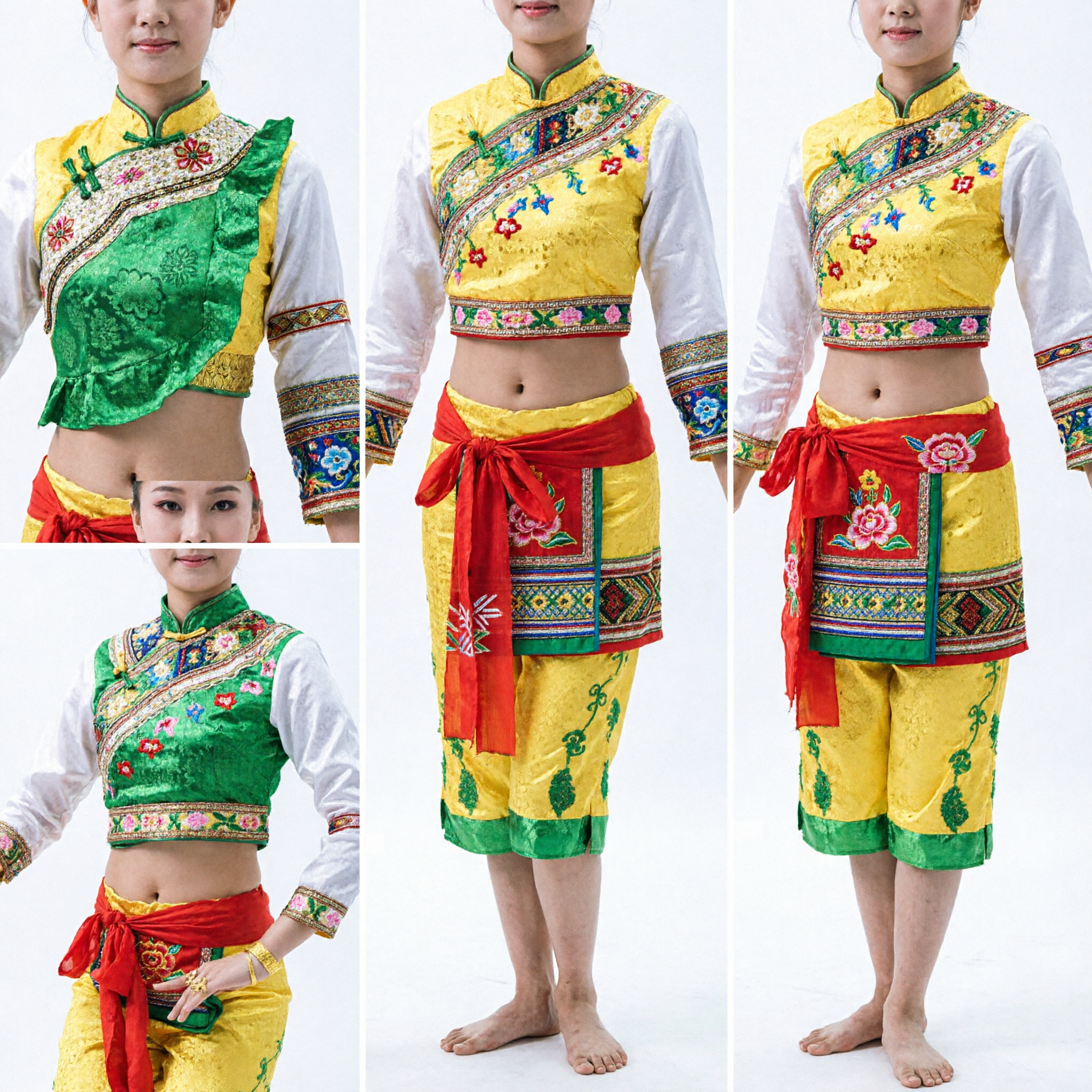 Chinese Traditional Fan Dance Costume Women Green Sequin Top Yellow Lotus Pants Stage Performance Outfit