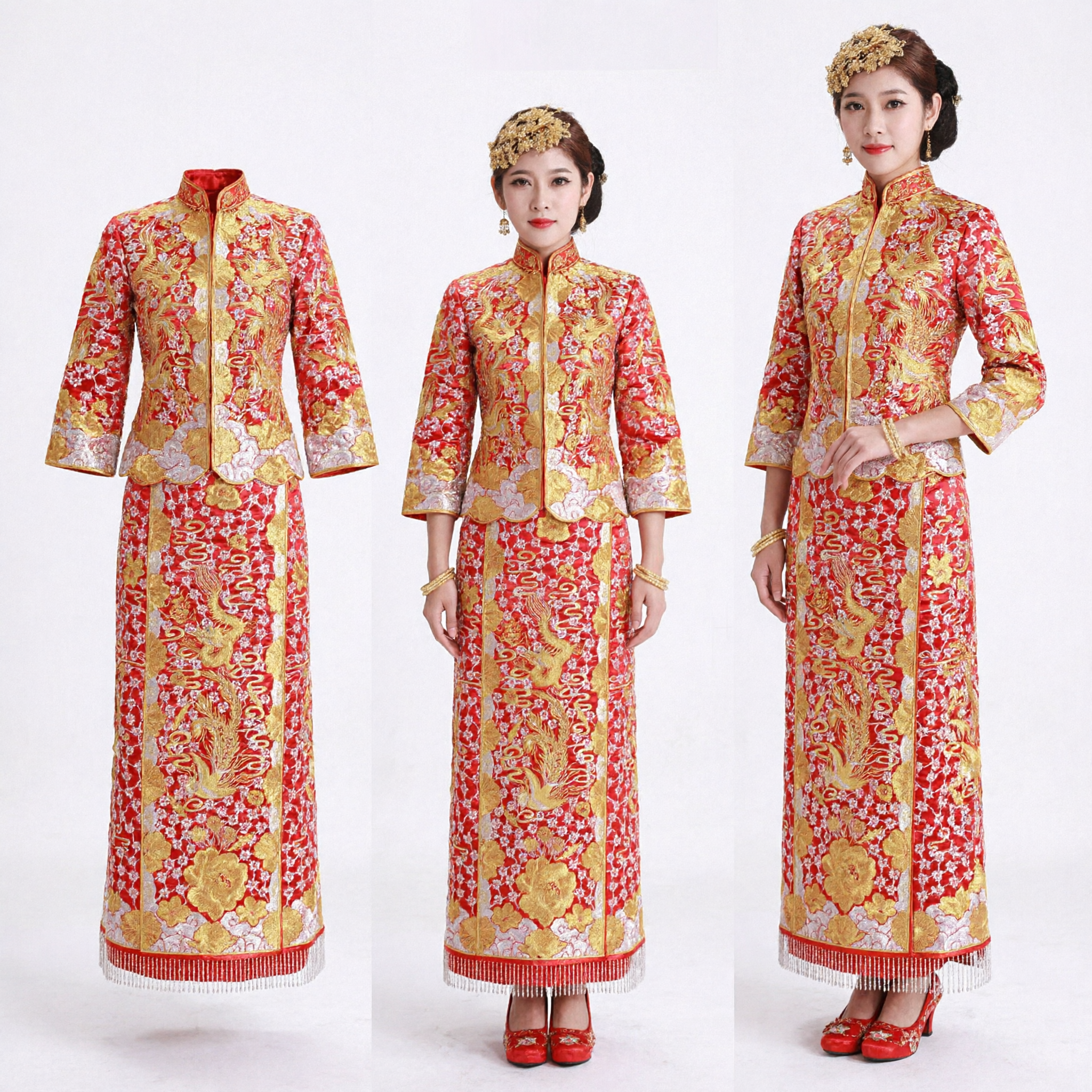 Traditional Chinese Wedding Dress Red Gold Dragon Phoenix Embroidery Qun Kwa Cheongsam for Bride