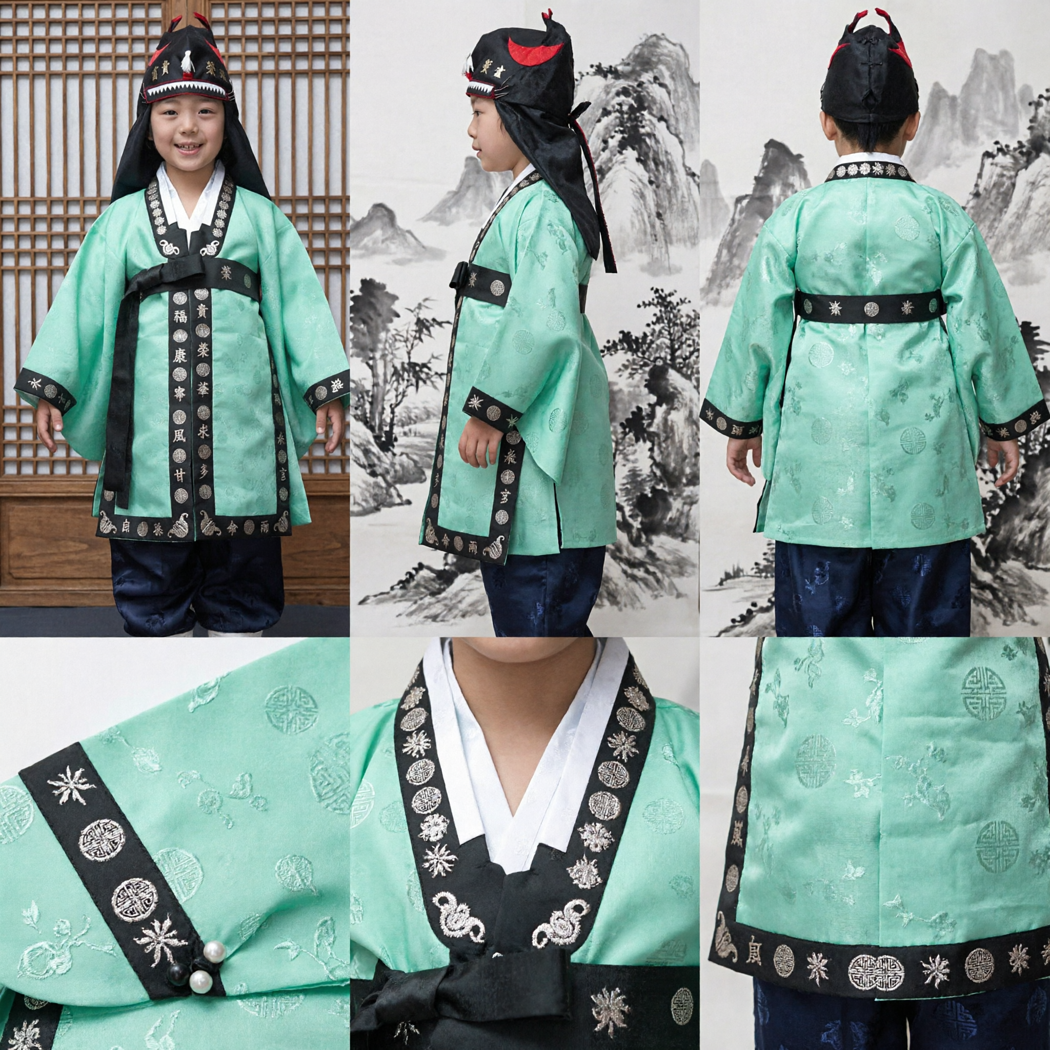 Boys Traditional Korean Hanbok Costume Mint Green Top with Gold Embroidery and Ceremonial Black Hat