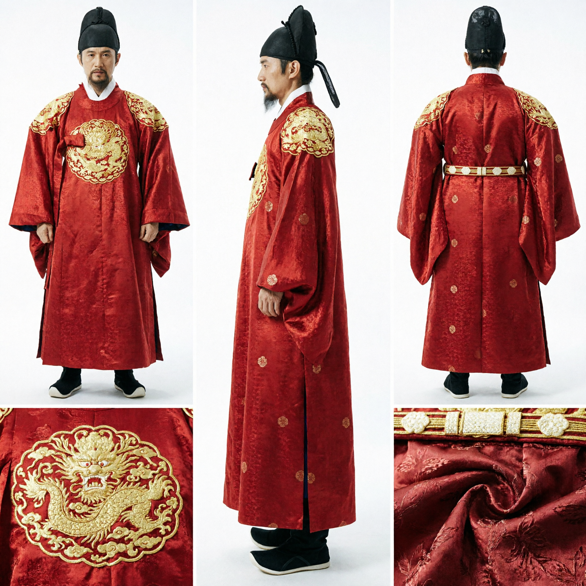 Traditional Korean King Hanbok Costume Red Gold Embroidery Dragon Robe Men's Joseon Dynasty Outfit