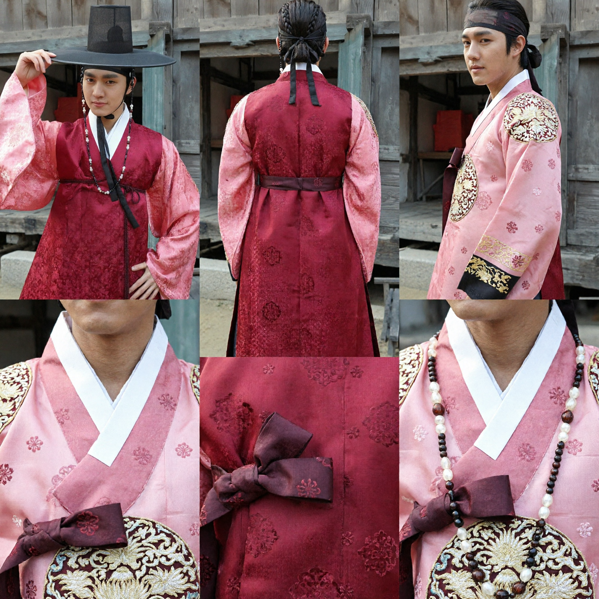 Men's Korean Traditional Hanbok Red Robe and Black Gat Hat Costume for Wedding or Cosplay