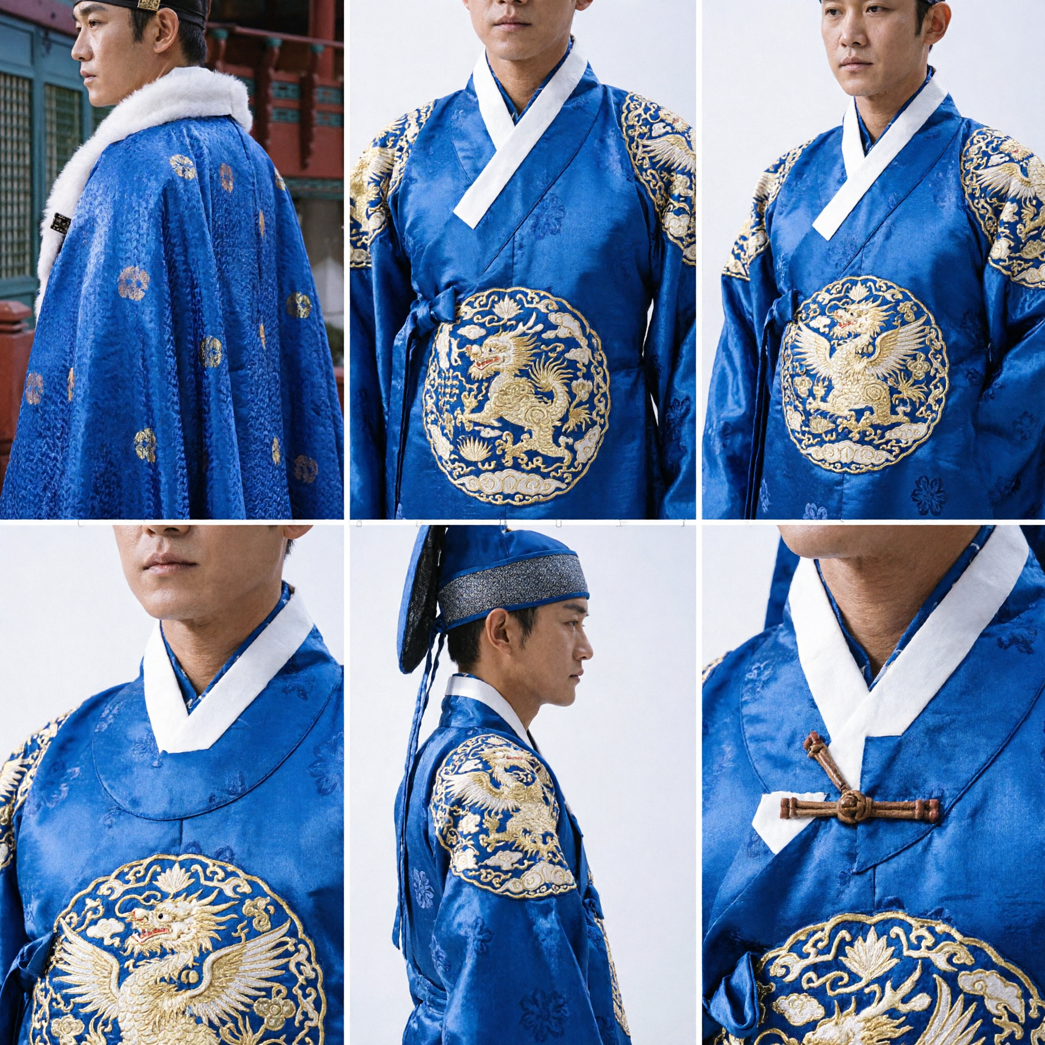 Men's Traditional Korean King Hanbok Blue Royal Robe with White Fur Trim Joseon Dynasty Costume