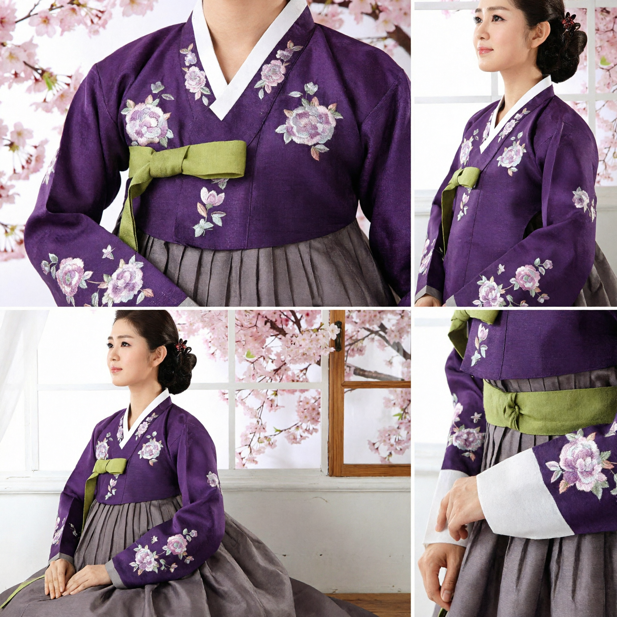 Elegant Purple Korean Hanbok Traditional Dress for Women with Floral Embroidery for Weddings and Parties