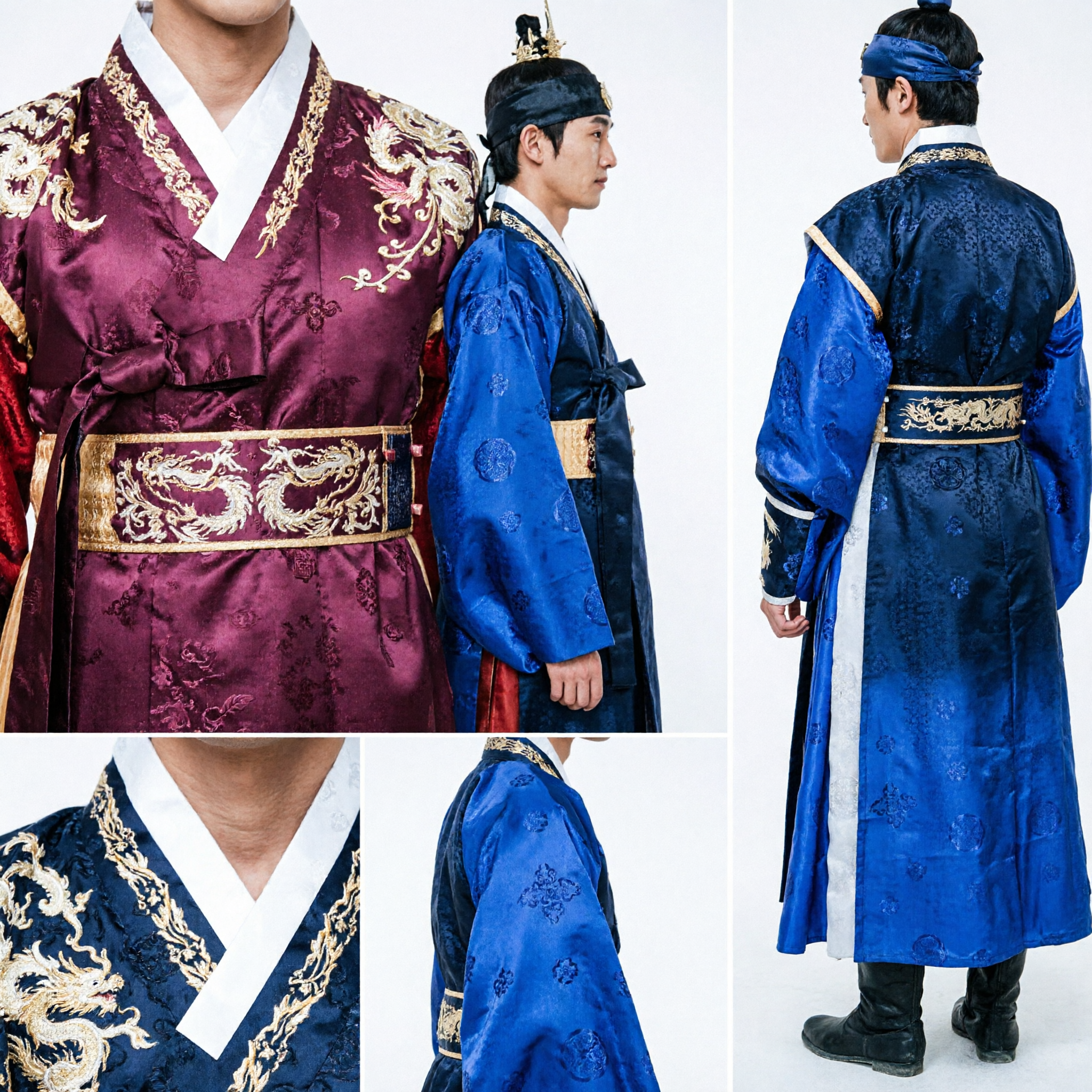 Traditional Korean Hanbok for Men Royal Court Costume Blue and Red Robes Historical Outfit Set