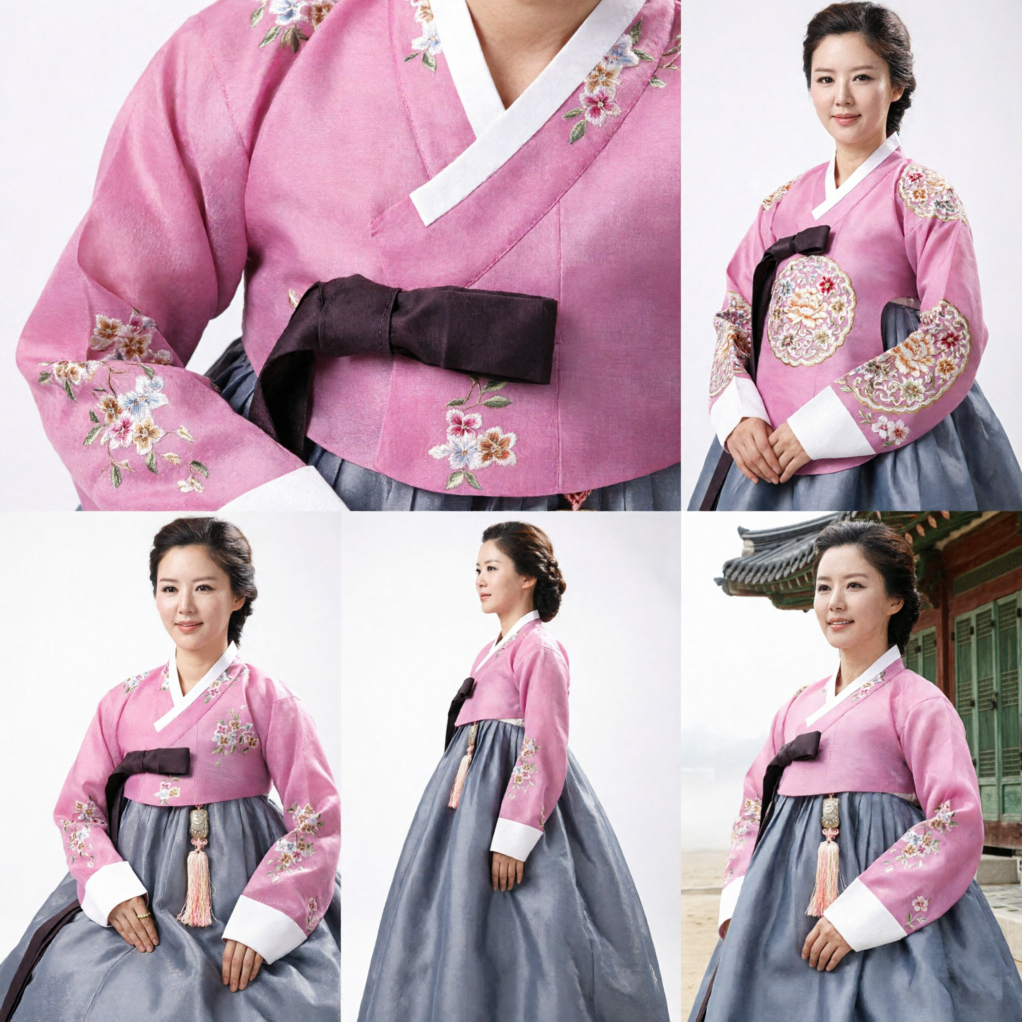 Elegant Pink and Grey Korean Hanbok Traditional Dress with Floral Embroidery for Women Cultural Events