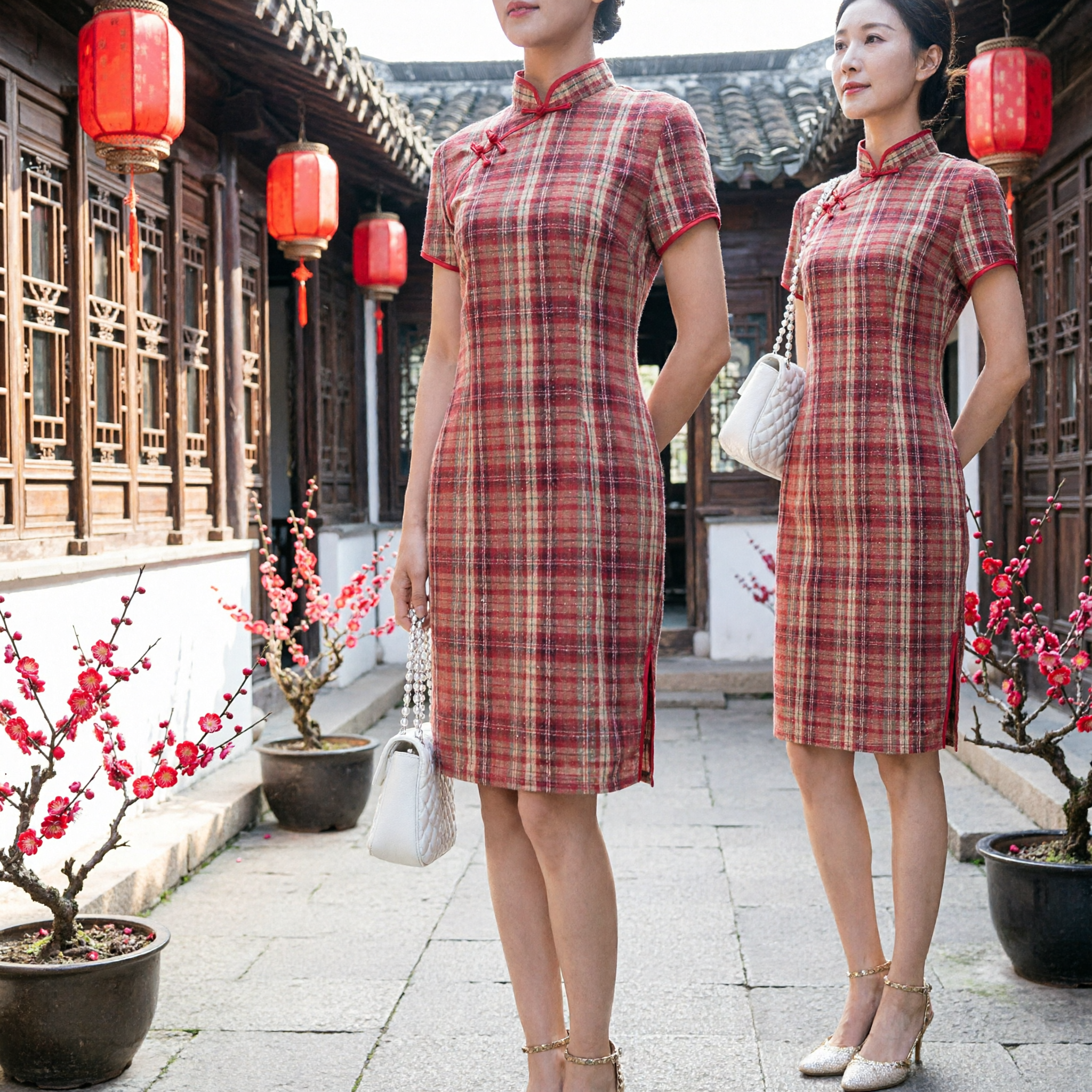 Vintage Red Plaid Cheongsam Dress Women Short Sleeve Slim Fit Traditional Chinese Qipao for Party