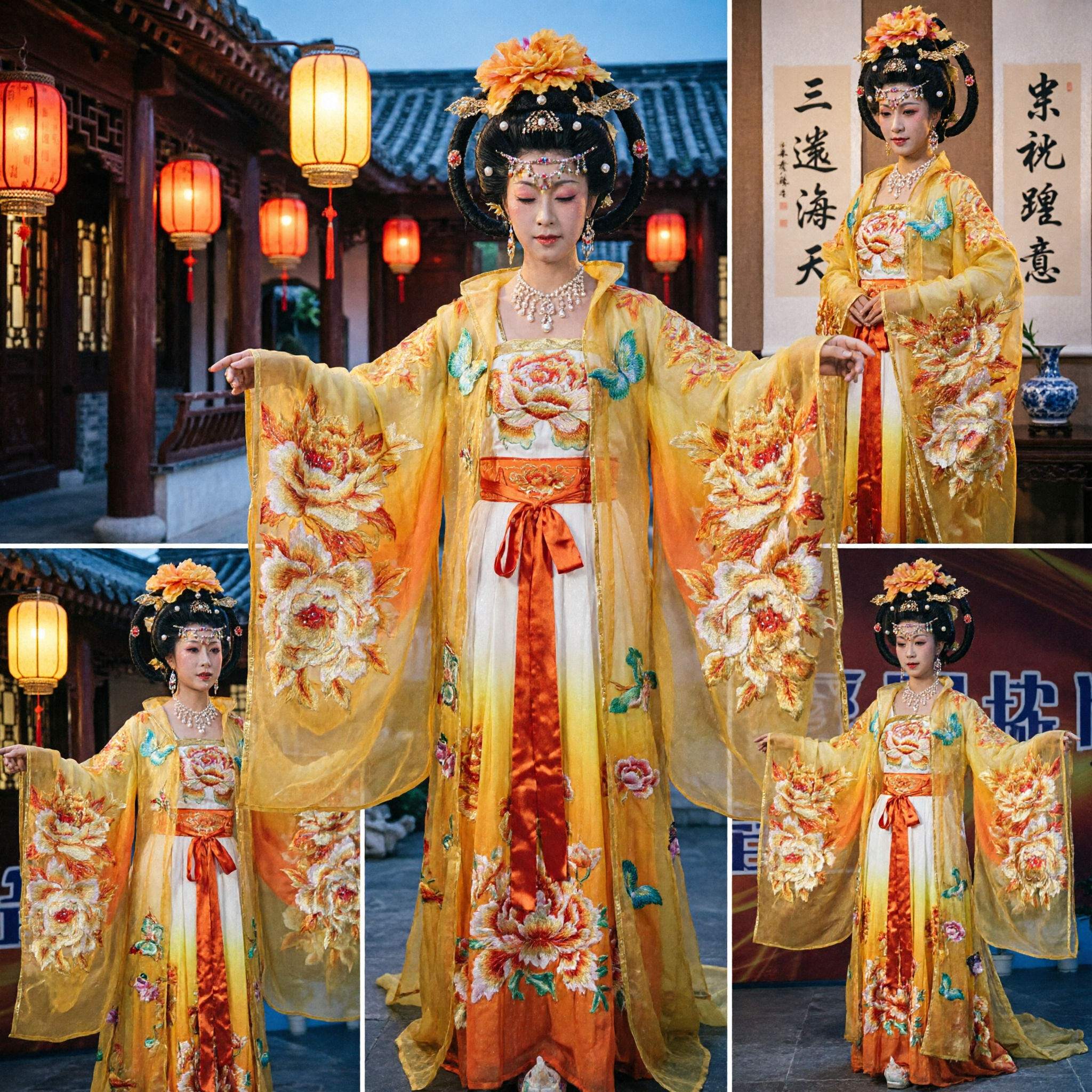 Traditional Chinese Tang Dynasty Costume Yellow Peony Hanfu Stage Performance Opera Dress for Women