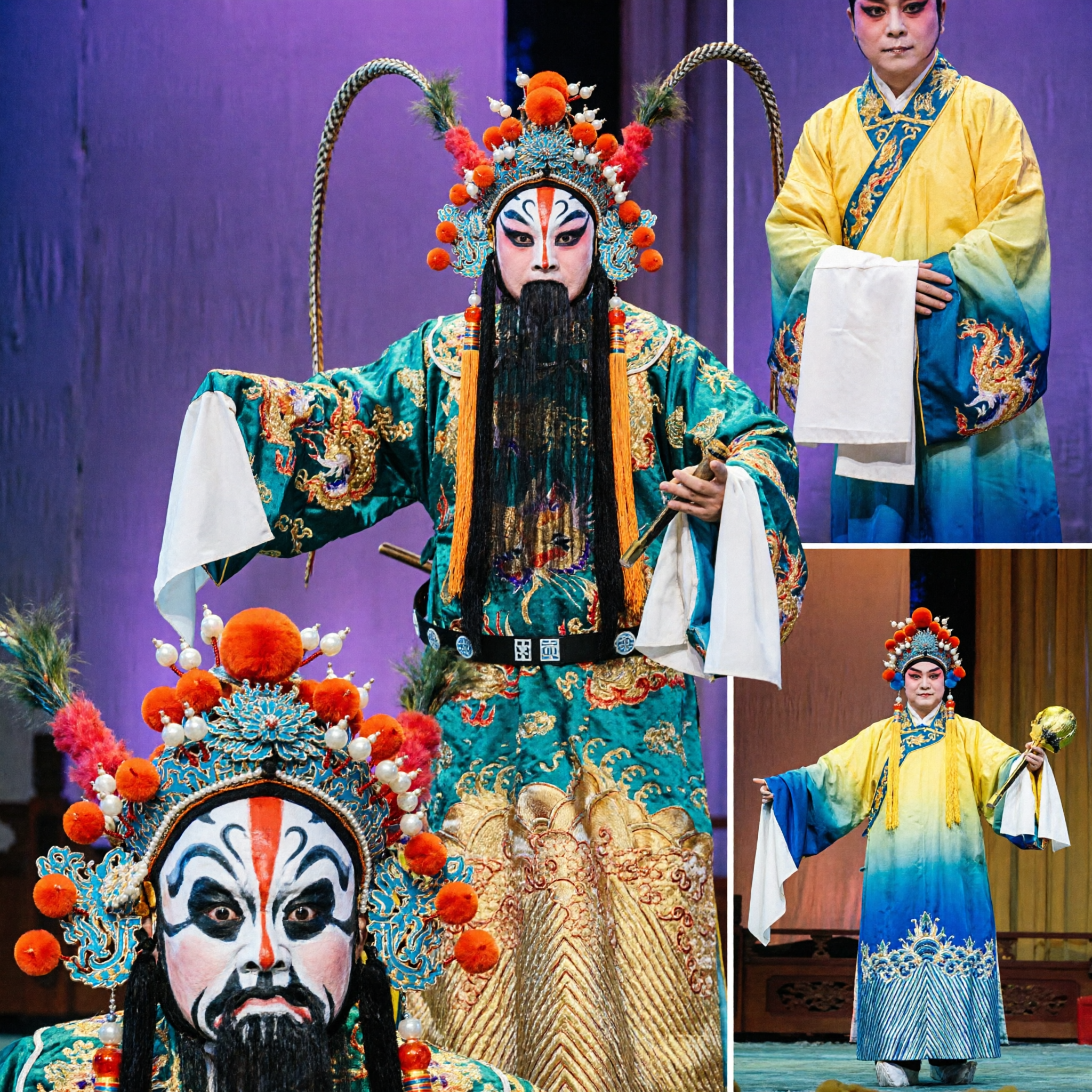 Traditional Chinese Beijing Opera General Costume Complete Set with Embroidered Robe and Feather Headdress for Stage Performance