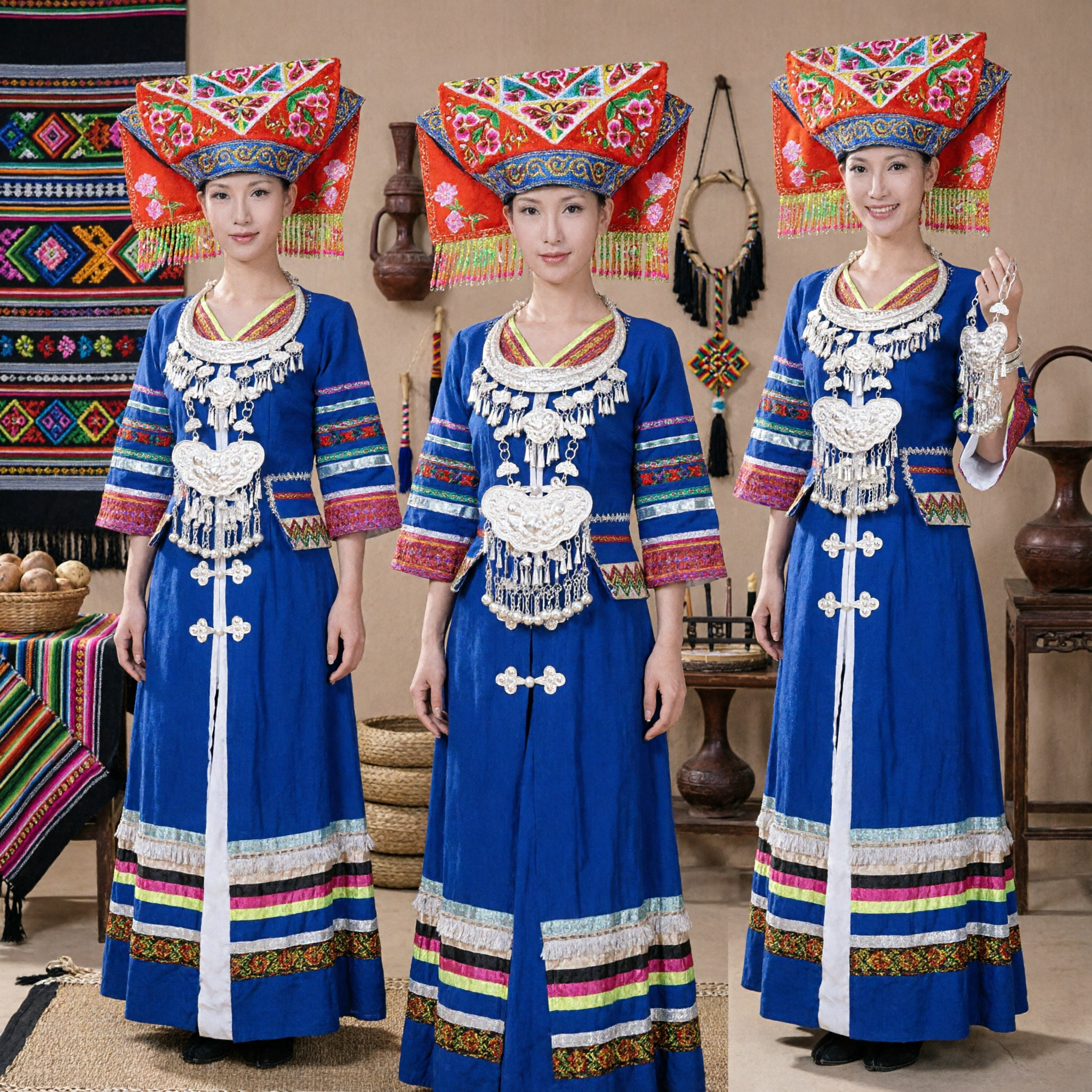 Traditional Chinese Zhuang Ethnic Blue Embroidered Dress Complete Set with Silver Jewelry and Hat for Folk Dance