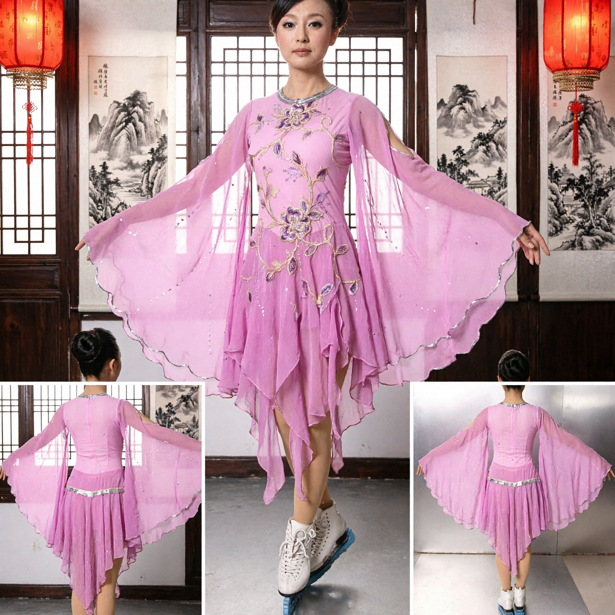 Elegant Pink Figure Skating Dress with Flowing Chiffon Sleeves for Women's Ice Skating Performance and Competition